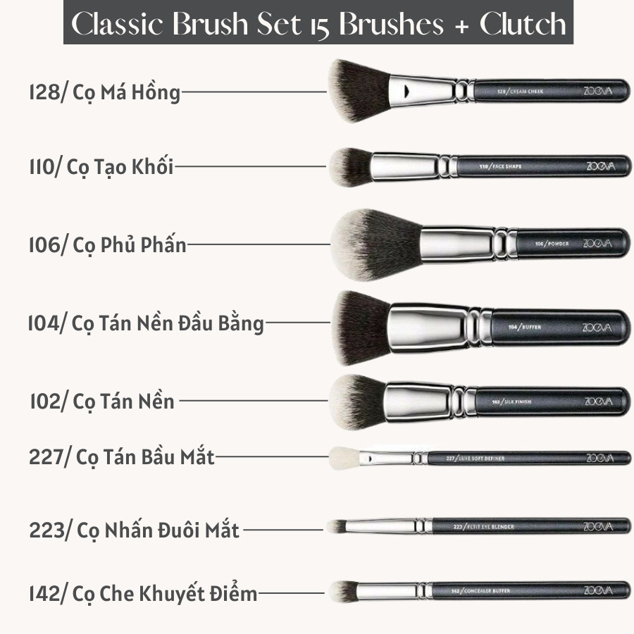 Bộ Cọ Trang Điểm Chuyên Nghiệp Cao Cấp 15 Cây ZOEVA Classic Brush15 0126